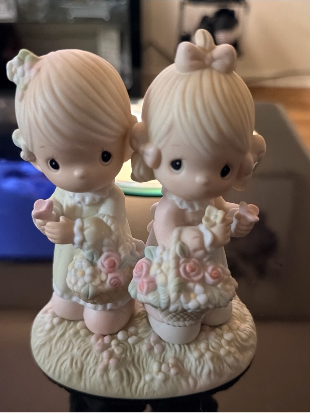 Precious Moments Pastel Girl Pair Figurine with Pink and Cream Flowers